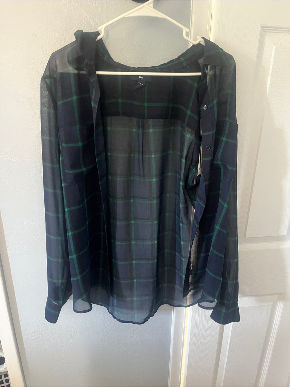 GAP Sheer Plaid Button-Down Top - Navy & Green